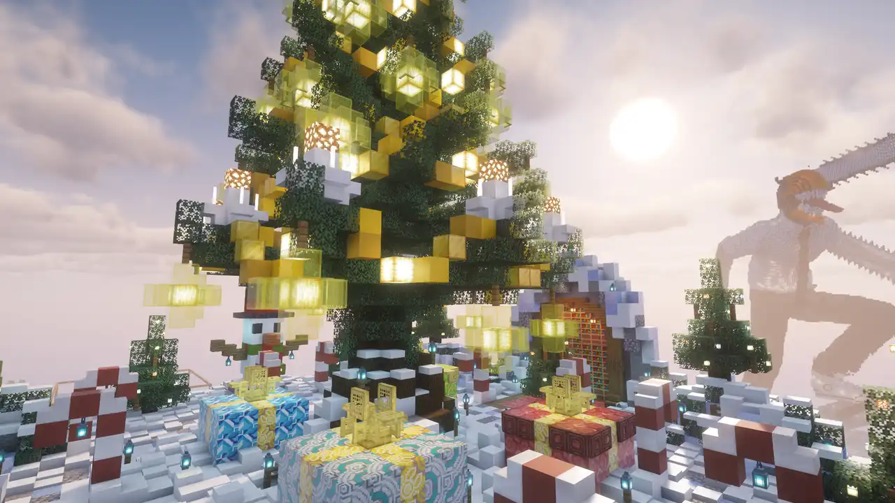 Weihnachtsbaum. Viiiqoo hat neben dem Spawn einen Weihnachtsbaum mit Schlitten gebaut