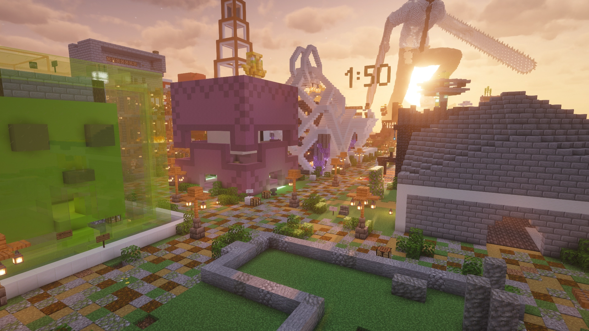 Shopping-District. Hier können beliebige Items mit Villager-Shops sicher gekauft und verkauft werden